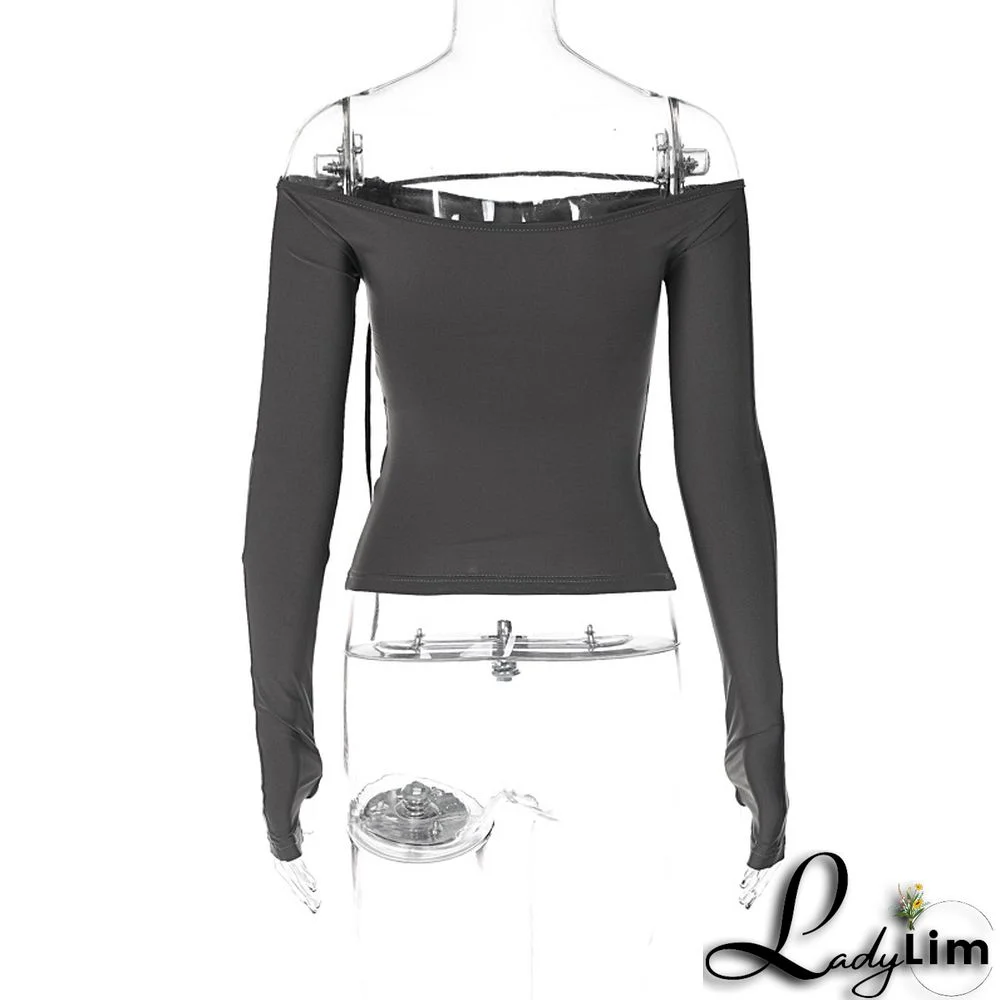 Spring Ladies Off Shoulder Fashion Street Slim Fit Basic Shirt T-Shirt Tops