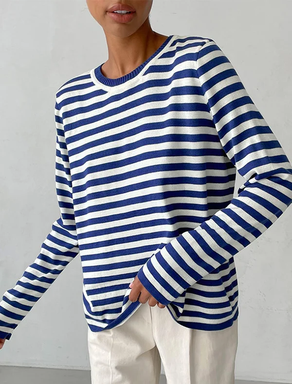 Striped Split-Joint Loose Long Sleeves Round-Neck Sweater Tops