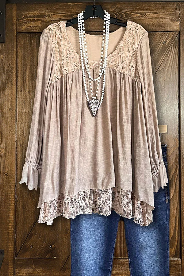 Lace Paneled Crinkled Ruffled Loose Top