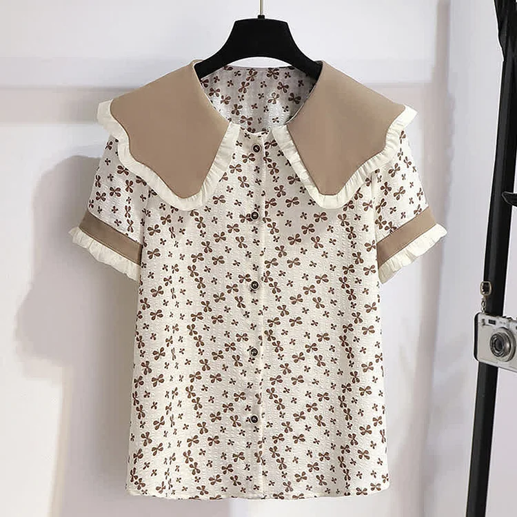 Doll Collar Floral Print T-Shirt Zipper Pleated Skirt - Modakawa modakawa