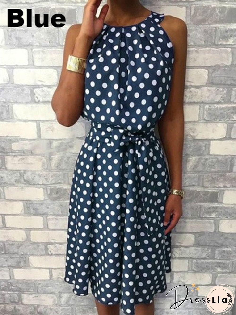 New Fashion Women Round Neck Summer Polka Dot Printed Sleeveless Dress Ladies Casual Mid-length Plus Size Dress