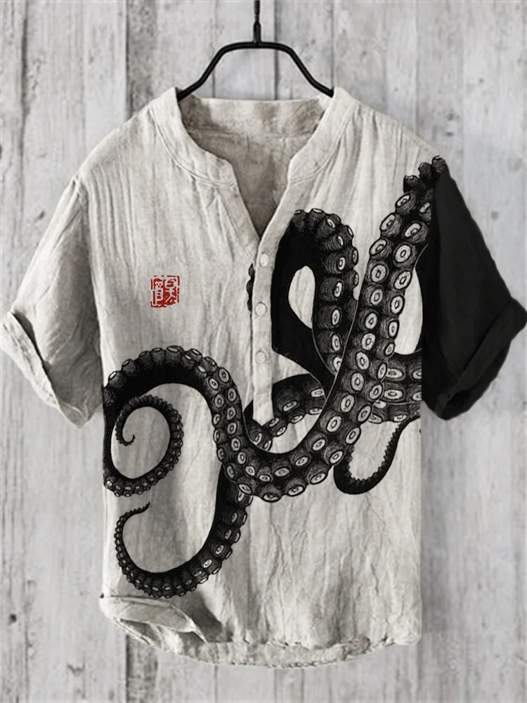 Dark Octopus Contrast Color Linen Blend Shirt