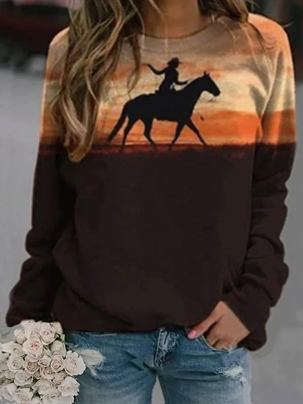 Women's Girl And Horse Silhouette Printed Casual Sweatshirt socialshop