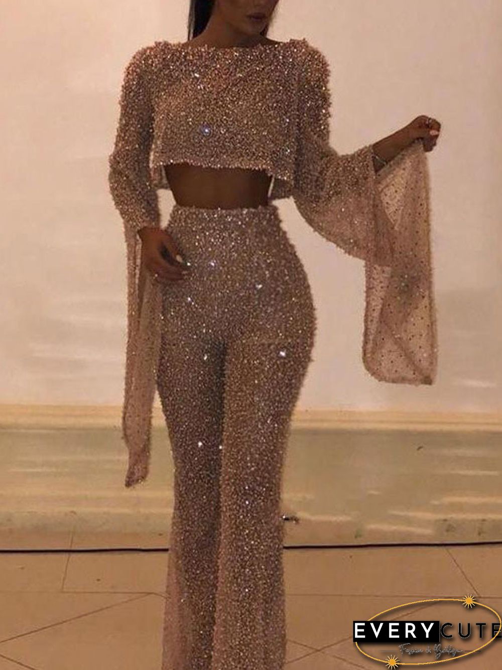 Women'S Jumpsuits Shiny Hollow Long Sleeve Open Back Jumpsuit