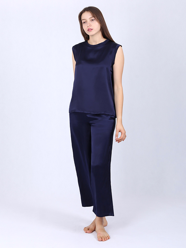 22 Momme Pyjama en soie bleu royal sans manches 1