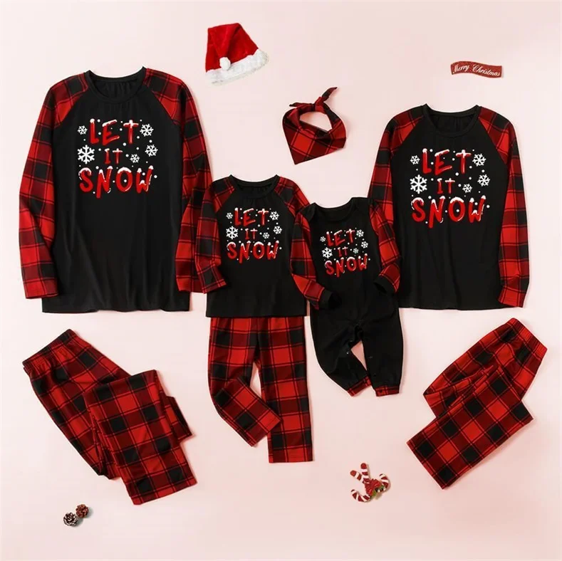 Let It Snow Snowflake Grey Top With Black&Red Plaid Pants Matching Pajamas