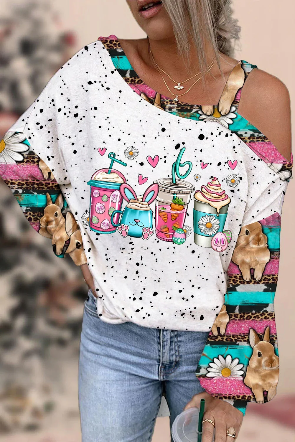 Easter Bunny Coffee Ice Cream Cups With Daisies Western Rhinestone Polka Dots Off-Shoulder Blouse