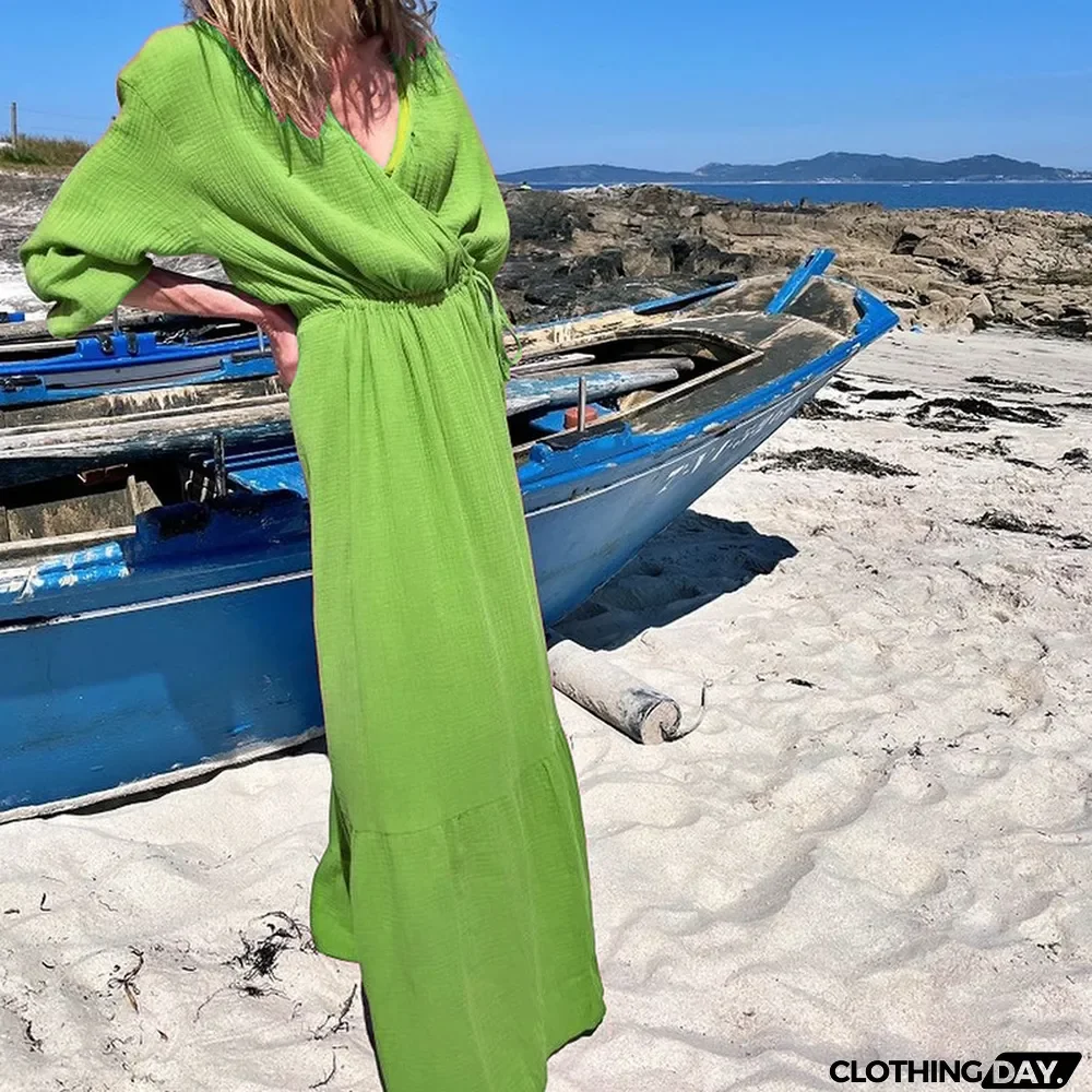 Women Fall V-Neck Long Sleeve Loose Maxi Dress