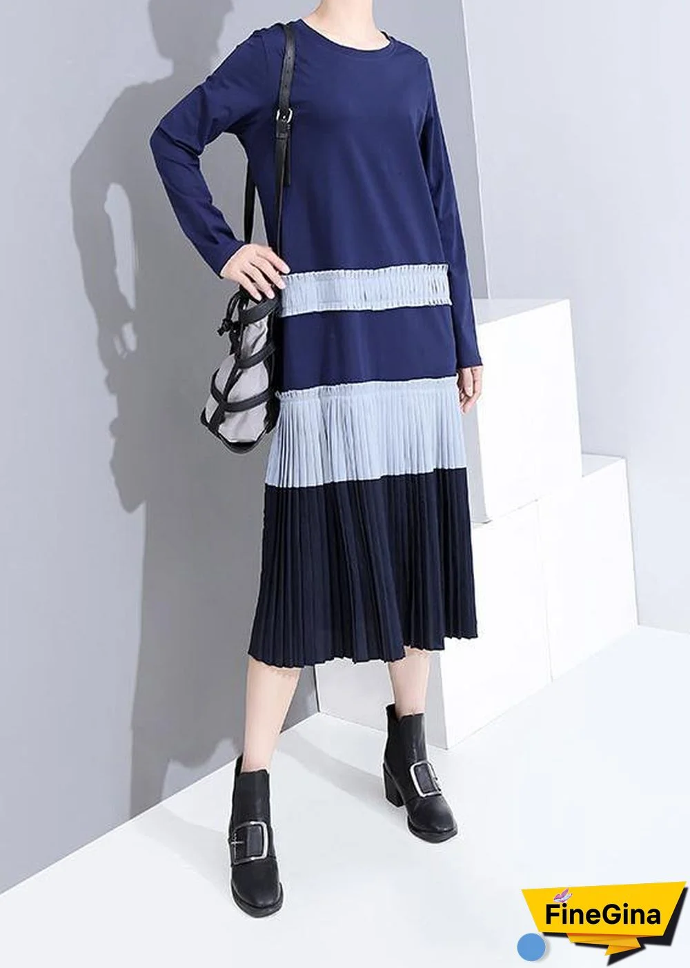 Modern blue cotton tunic top cotton patchwork pleated Dresses