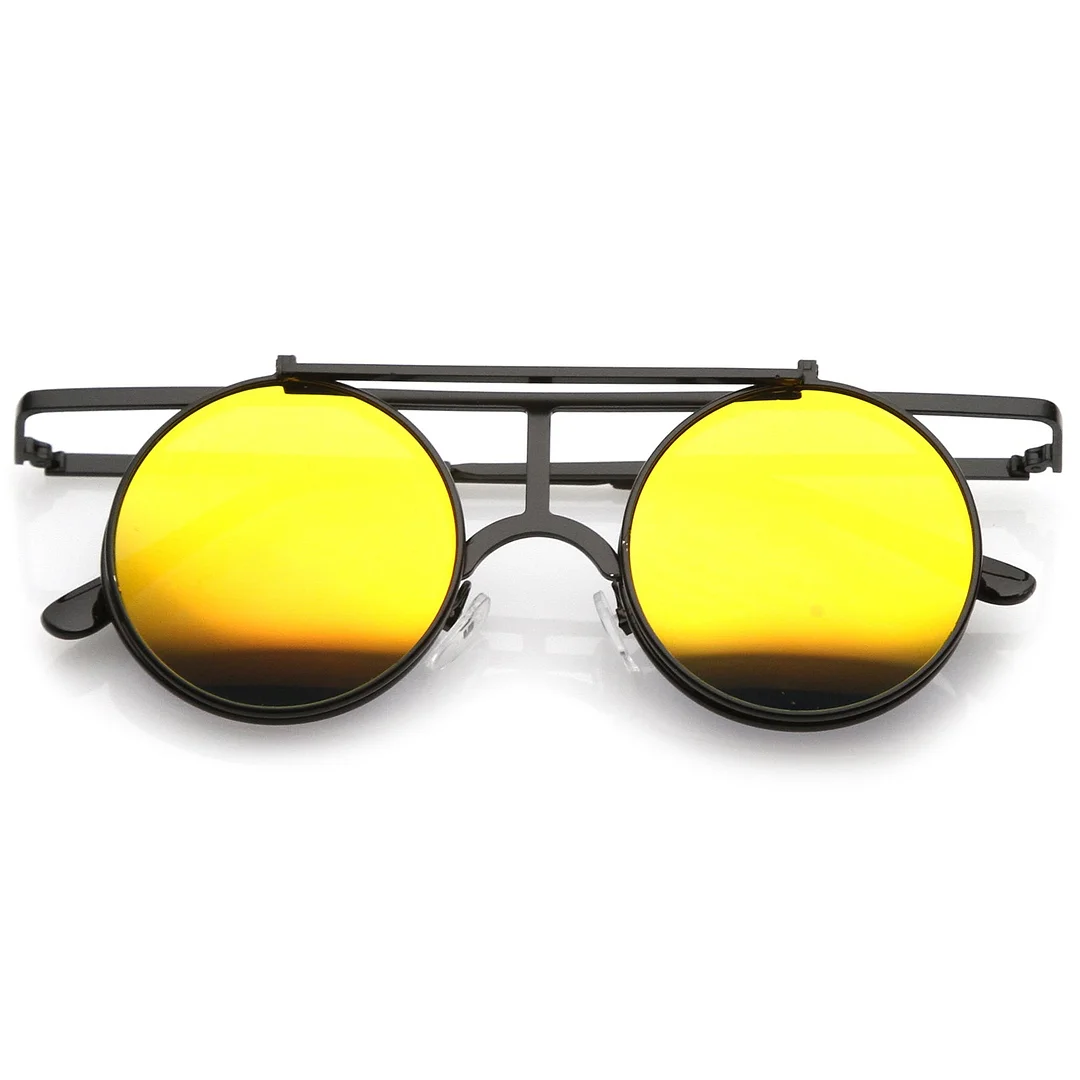 Steampunk Flip Up Cover Flat Top Colored Mirror Clear Lens Round glasses 44mm