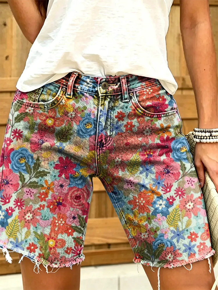 Ethnicity Bohemian Colorful Flowers Women's Art Print Casual Denim Shorts