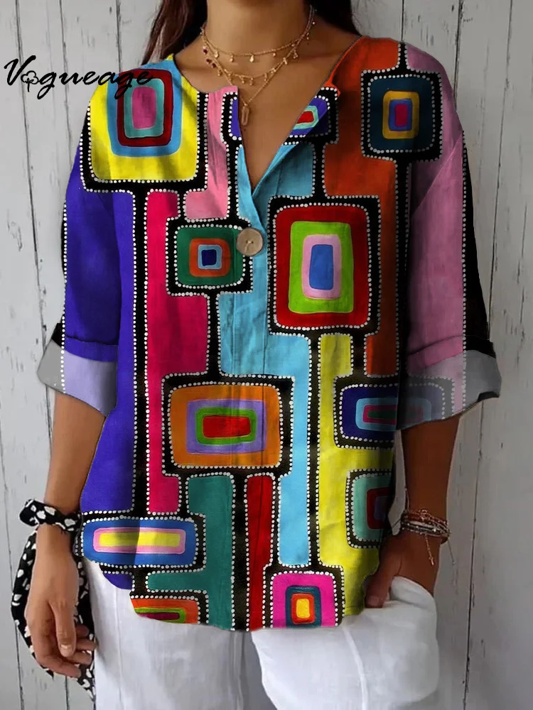 Fashion Colorful Block Puzzle Printed Cotton And Linen Shirt