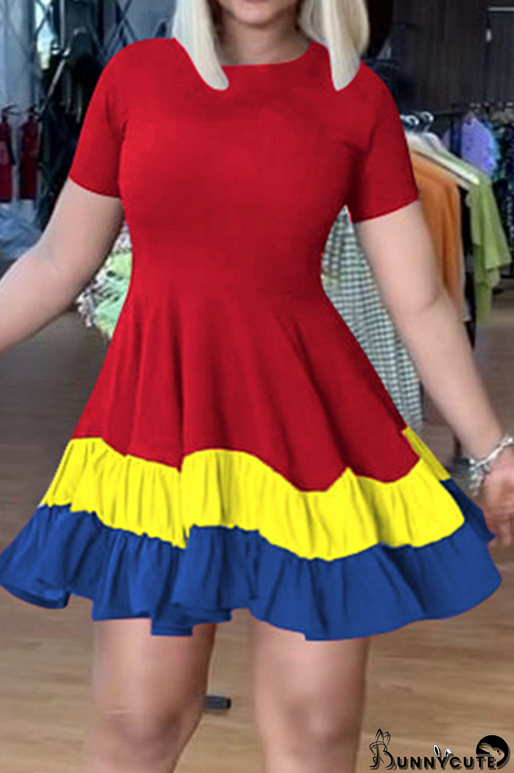 Deep Red Casual Solid Patchwork O Neck Cake Skirt Dresses