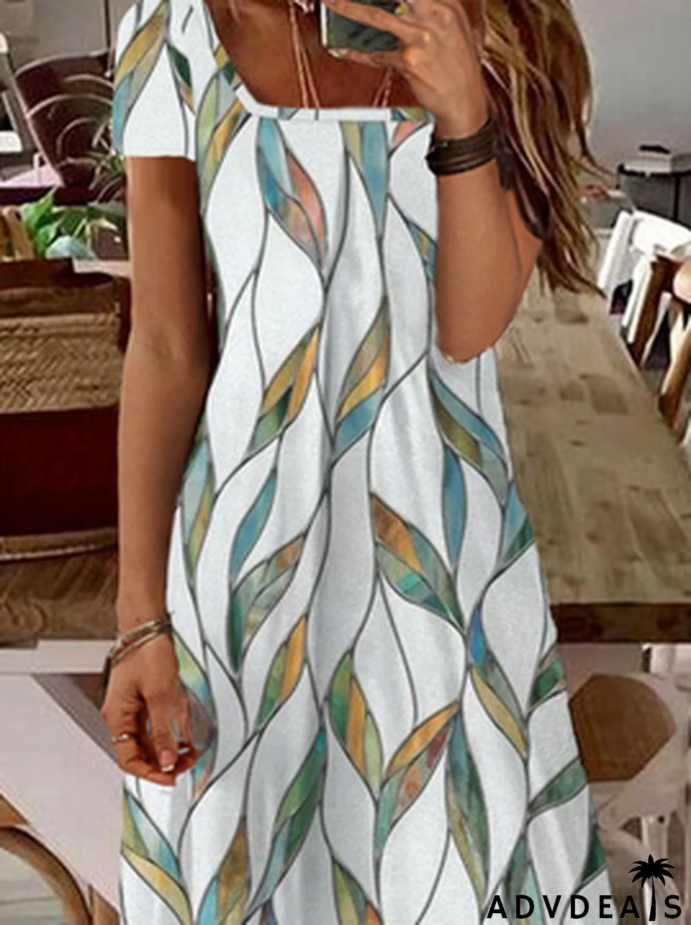 Printed Casual Square Neck Short Sleeve Dress