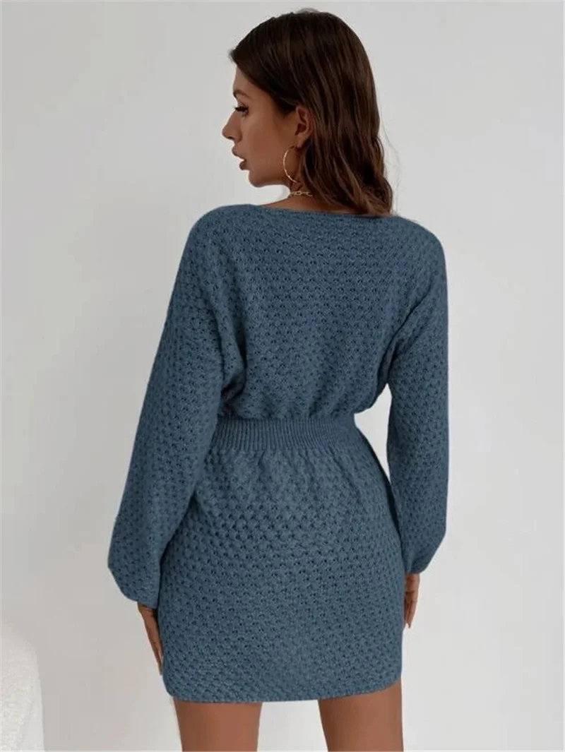 Athvotar Athvotar Loose Round Collar Design Feel Waist Sweater Knitted Dress