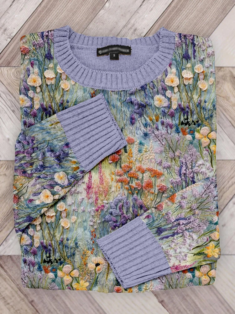 VChics Pastel Wildflower Embroidery Pattern Cozy Knit Sweater