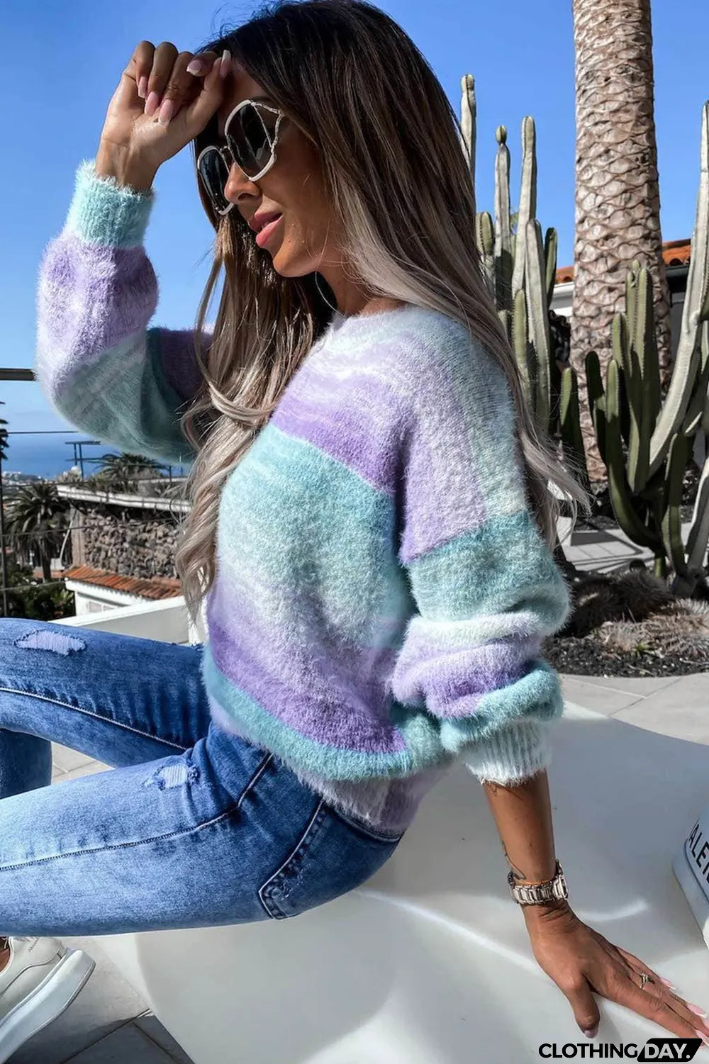 Sky Blue Colorblock Tie-dye Mohair Sweater