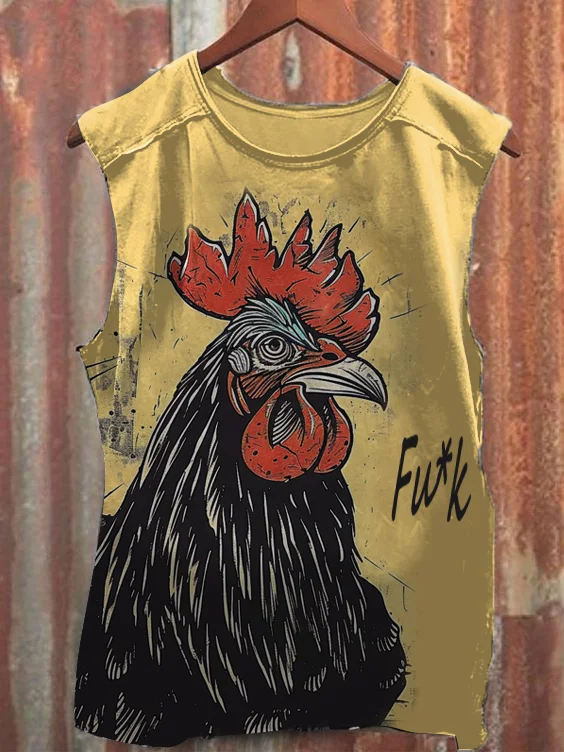 Men's Vintage Funny Rooster Woodcut Art Sleeveless Tank Top