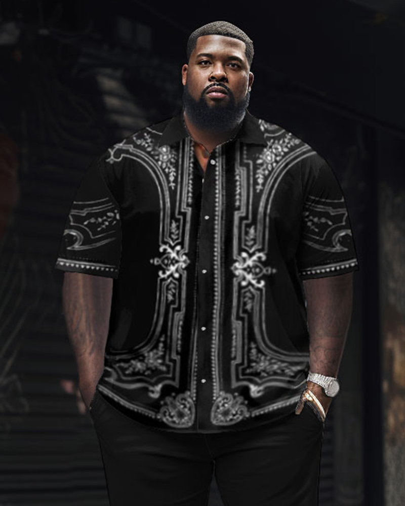 Big Men Elegant Classic Geometric Black Short Sleeve Shirt Pants Set