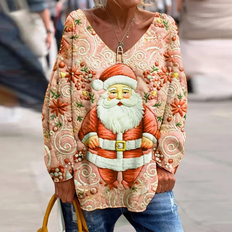 Santa Claus Printed V-Neck Loose Long Sleeved T-Shirt