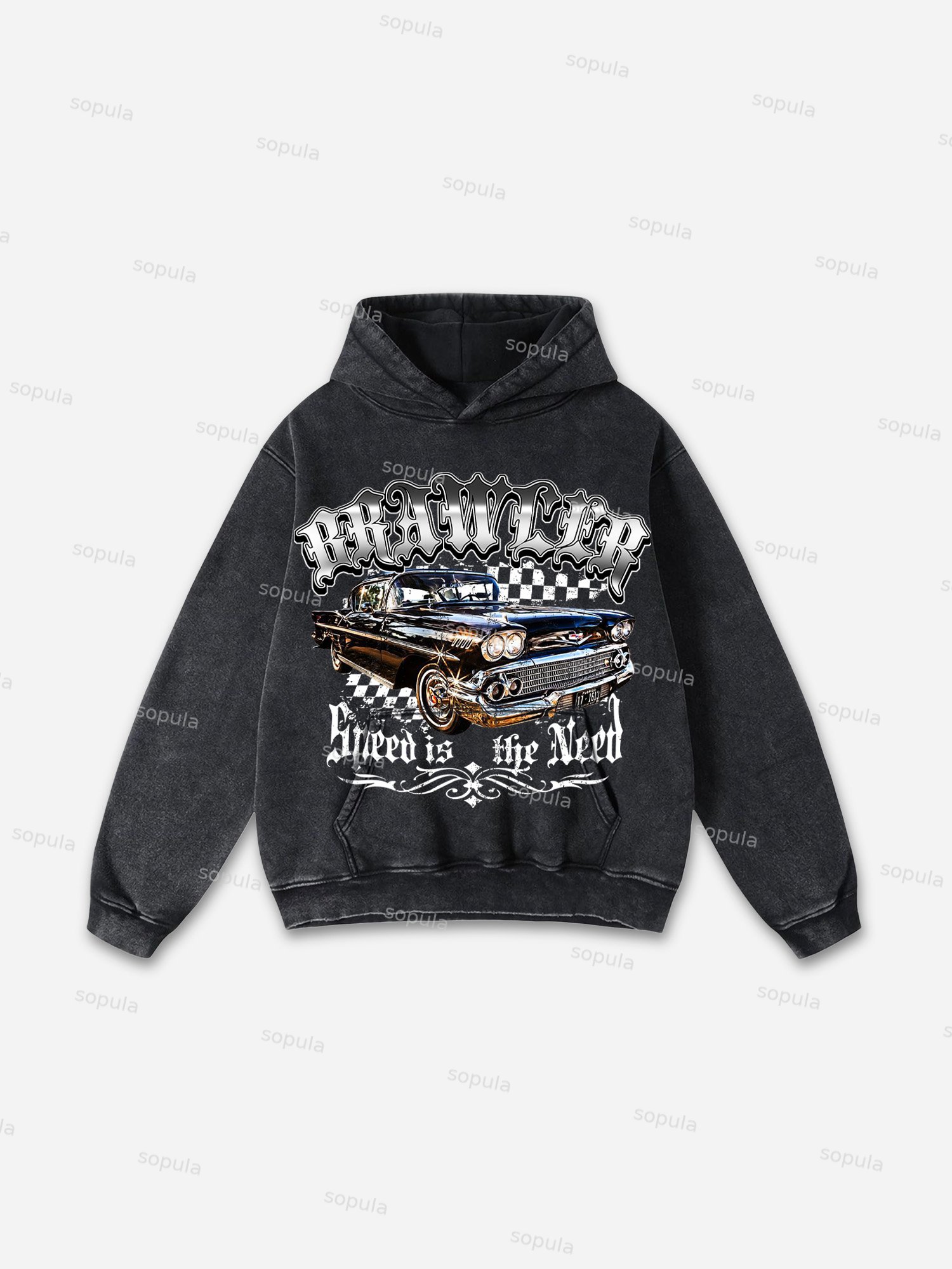Racing Brawler Print Washed Hoodie - SOPULA