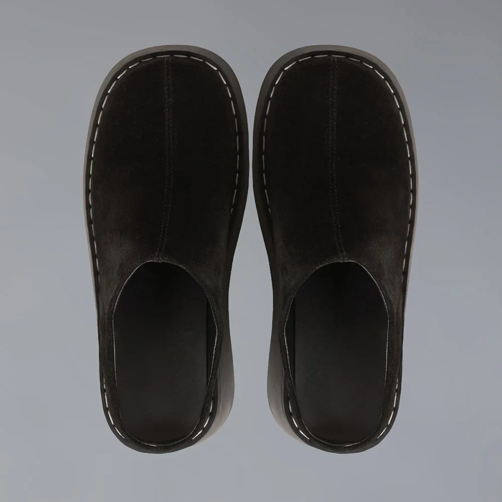 Women's Black Vegan Suede Round Toe Wedge Heel Platform Mules