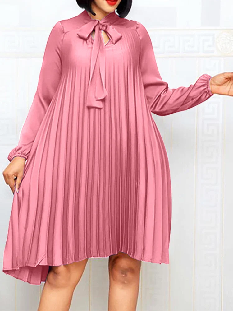 Solid color bow tie long sleeve women's dress SKUH86893 QueenFunky