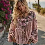 Bohemian Style 3d Rose Embroidery Loose Long Sleeve Top - Image 2