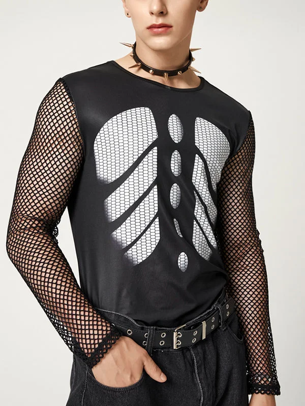 Aonga - Mens Skeleton Print Mesh Patchwork Long Sleeve T-shirt