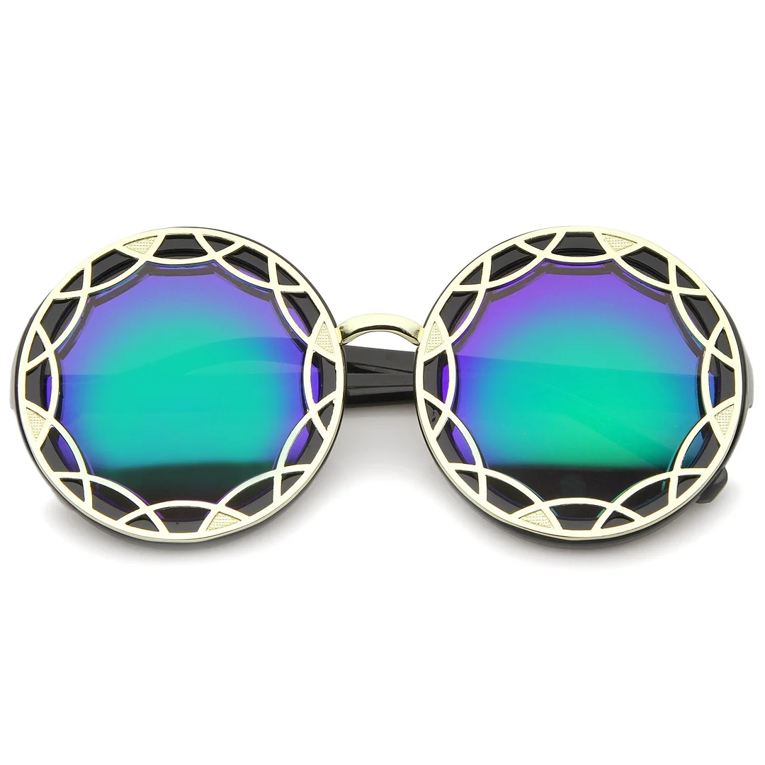 Women's Oversize Ornate Flat Pattern Color Mirror Lens Round glasses 55mm