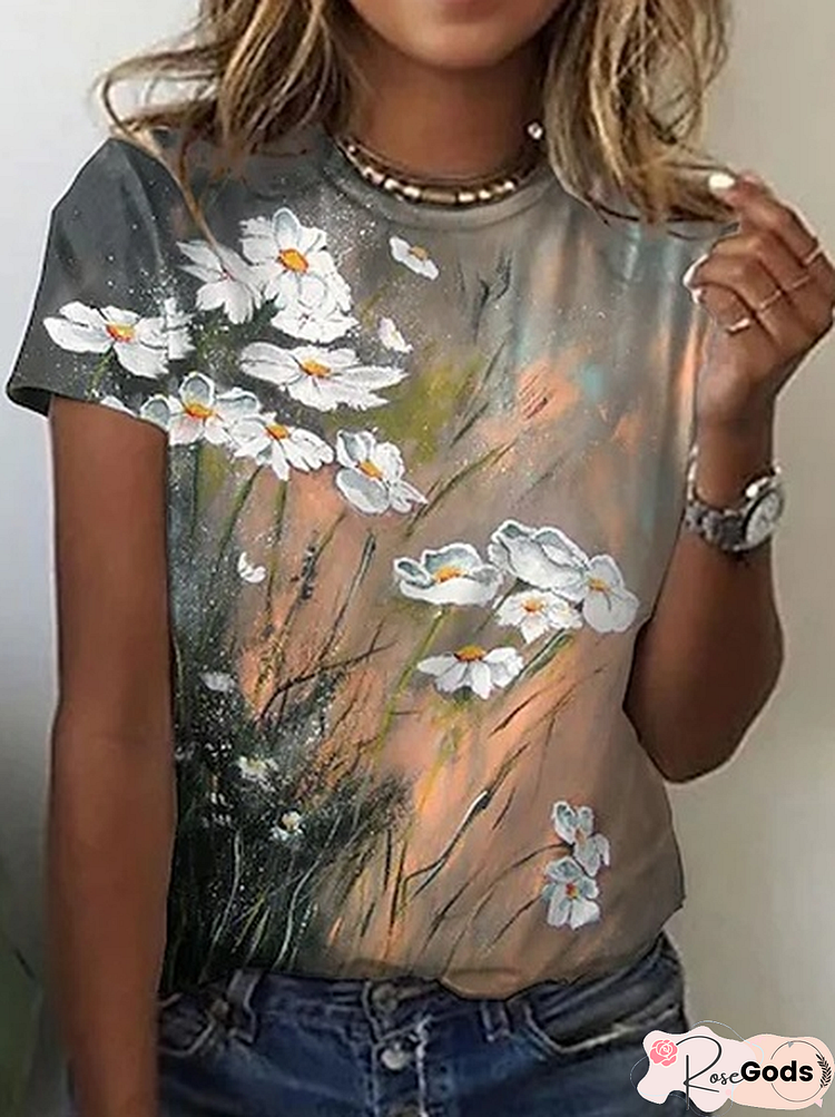 Vacation Cotton Blends Floral Short Sleeve T-Shirt