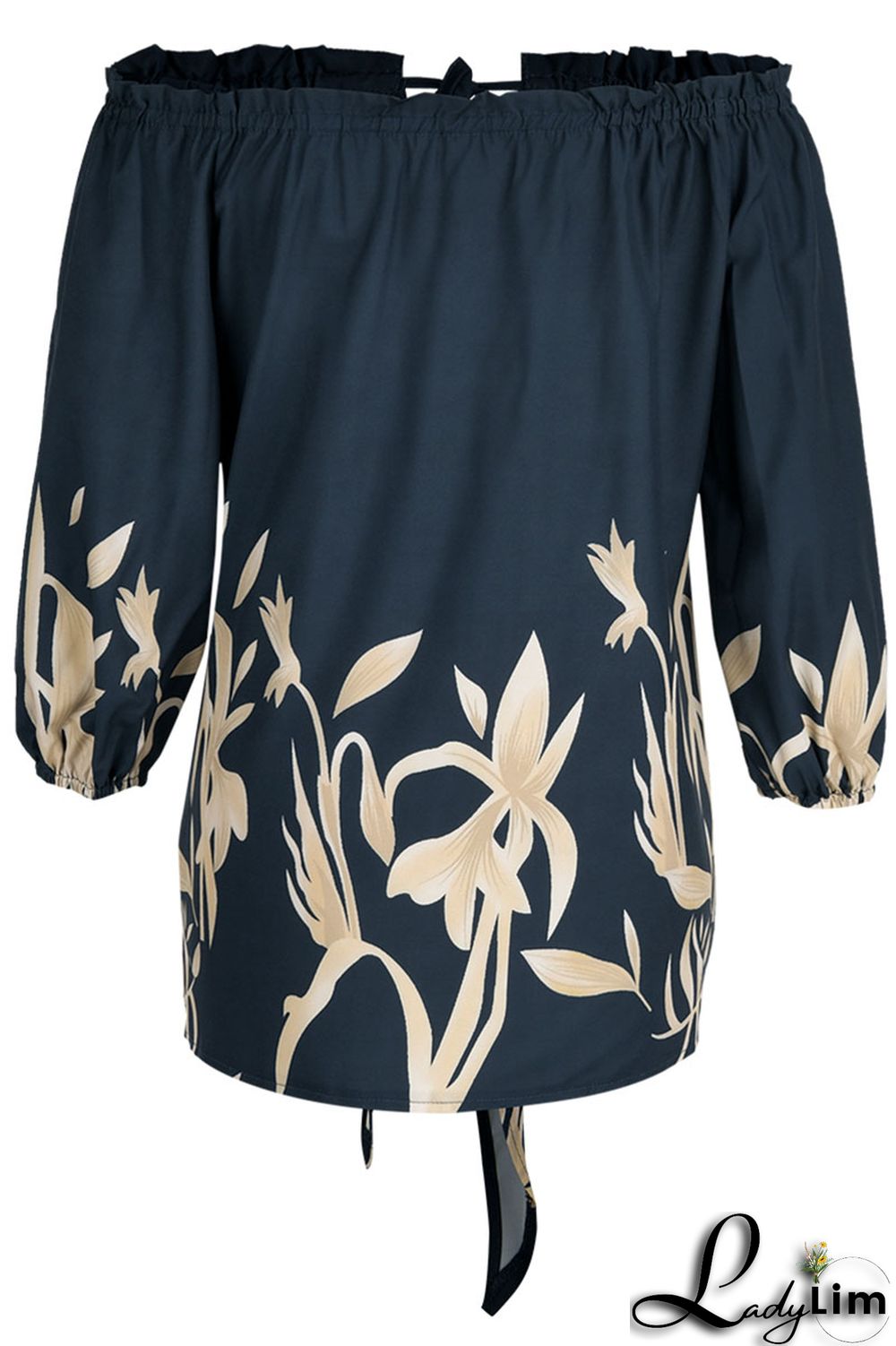 Tibetan Blue Fashion Casual Print Bandage Backless Off the Shoulder Tops