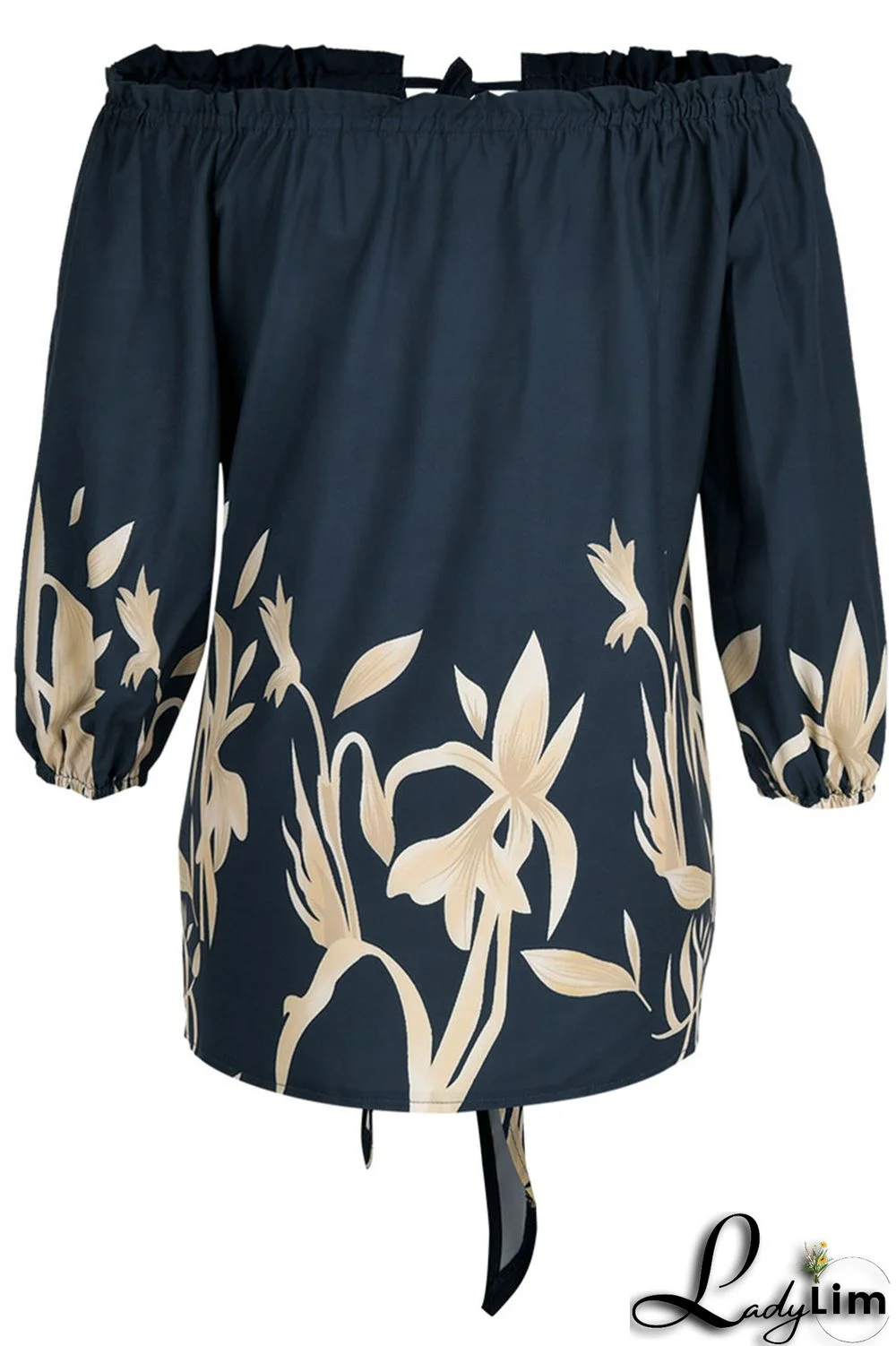 Tibetan Blue Fashion Casual Print Bandage Backless Off the Shoulder Tops