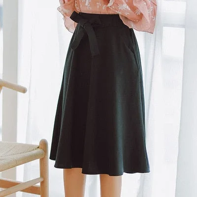 Elegant Women Skirt High Waist Pleated Knee Length Skirt Vintage A Line Big Bow Skirts