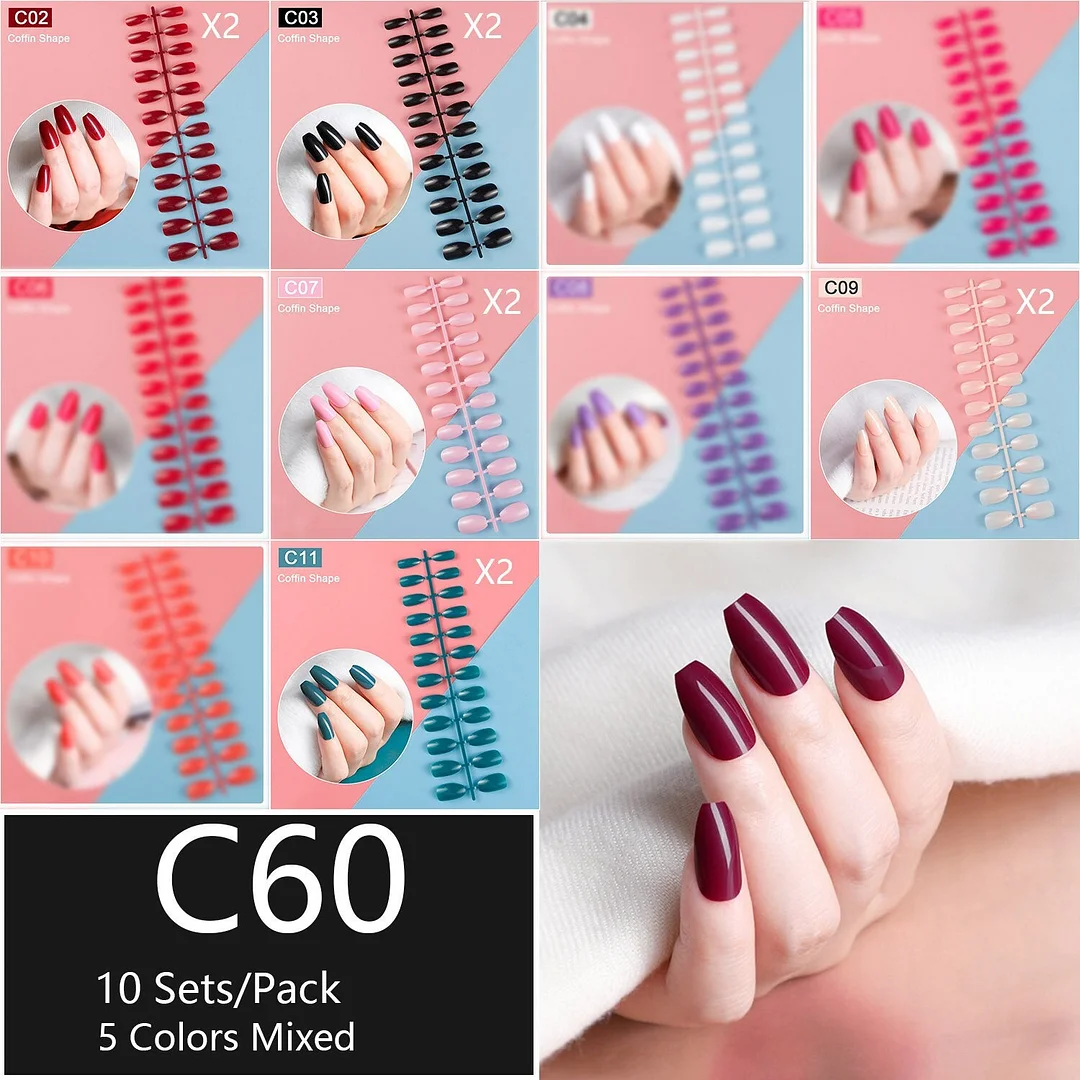 10 Sets/Pack Mixed Solid Colors Coffin Round Square Almond Shape False Nails Full Cover Nail Tips Short Fake Nails Tip Manicure-Nail Inspo