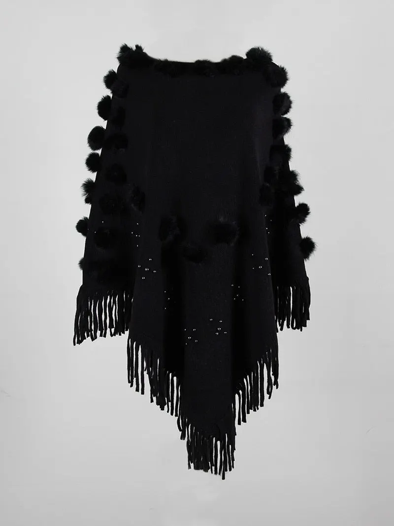 Fitshinling Fringe Hairball Bohemian Cloak Cape Oversized Sweater Female Knitwear Winter Clothing Irregular Poncho Women 2020