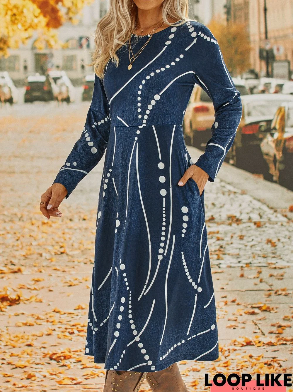 Casual Geometric Polka Dots Long Sleeve A-Line Dress