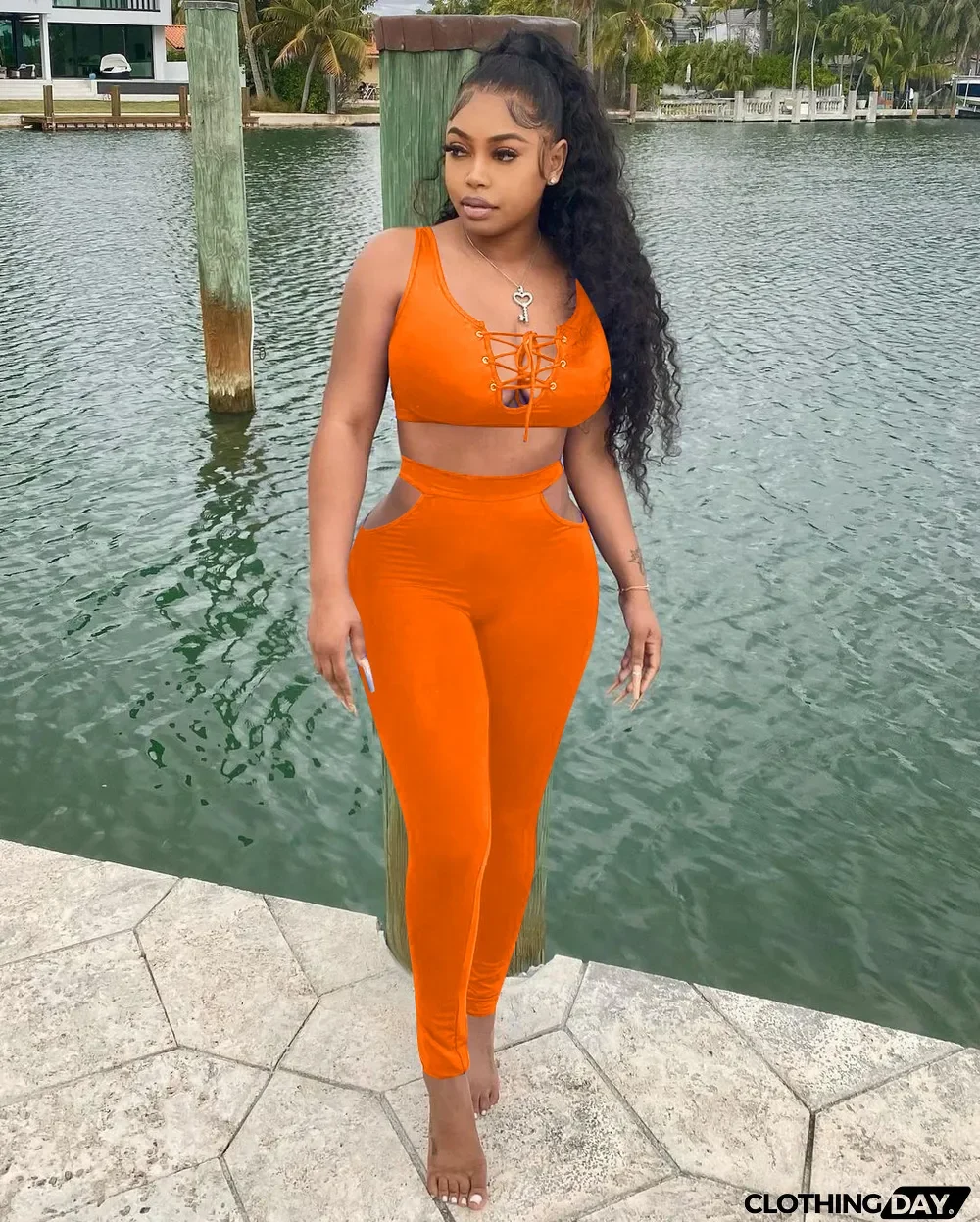 Sexy Solid Color Lace Up Top Pants Two Piece Set