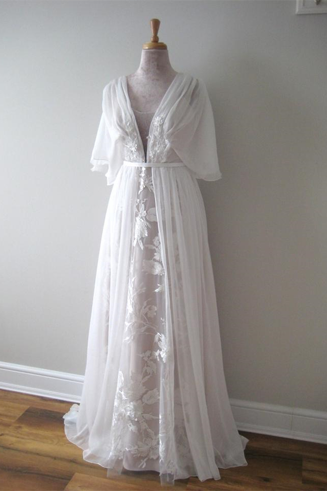 Daisda A Line Chiffon Lace Boho V Neck Wedding Dress With Belt