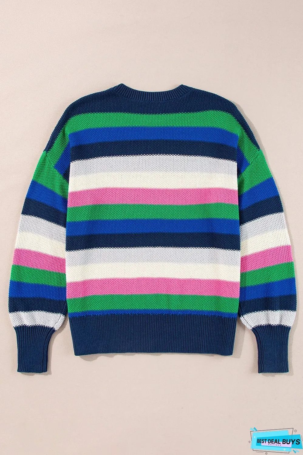 Bright Green Rainbow Striped Crew Neck Drop Shoulder Sweater