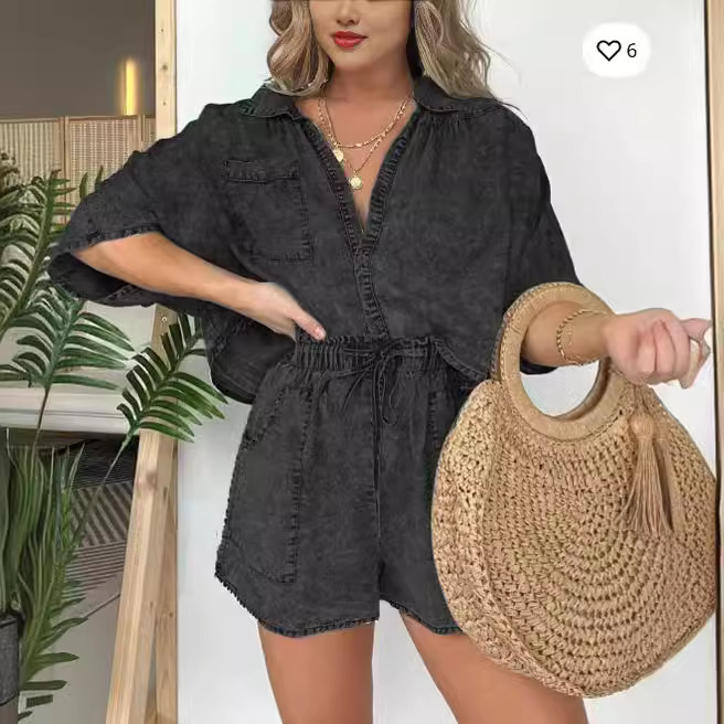 Mature Women 2pcs Loose Denim Suits Summer Casual Bat Sleeve Shirt And Drawstring Shorts Suits