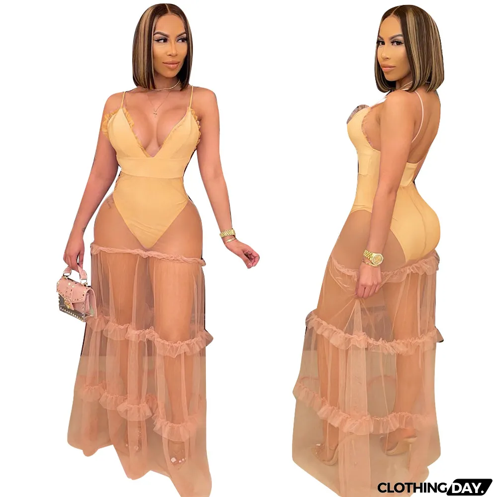 V-neck Solid Color Suspender Dress With Mesh Stitching Wood Ears