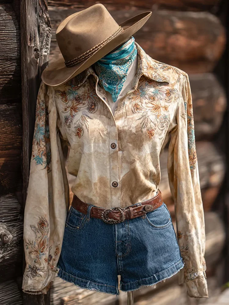 Women's Vintage Western Horse Design Cotton And Linen Blend Shirt