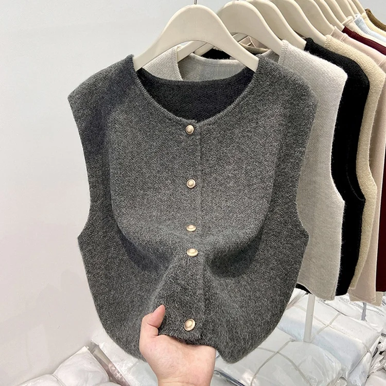 Athvotar Athvotar Old Money Style Casual Folded Round-Necked Vest Vest Women's Winter Sweater Coat Knitted Shoulder Coat