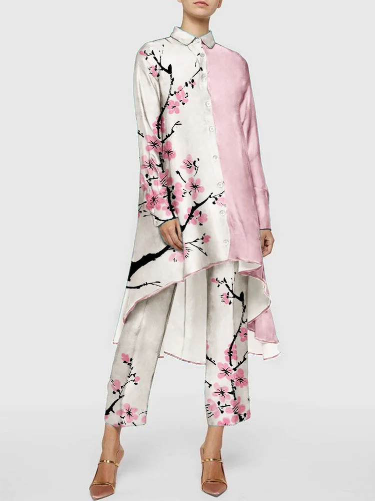 Cherry Blossom Ink Art Contrast Flowy Blouse & Pants Set
