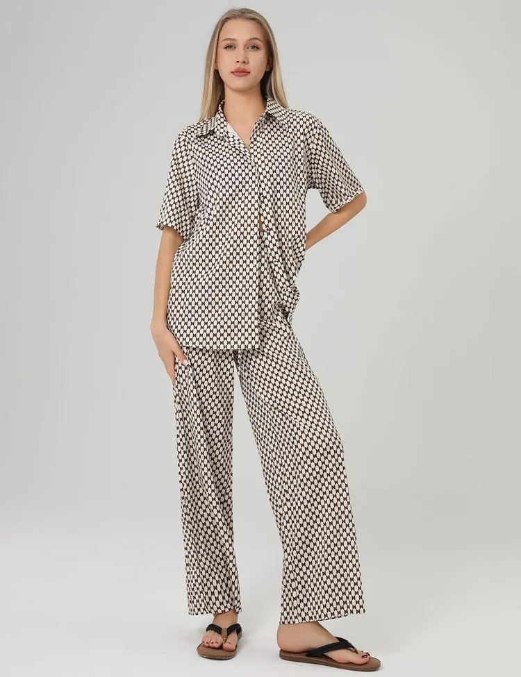 Plaid Lapel Shirt Loose Long Pants Set 2SYCK1650B