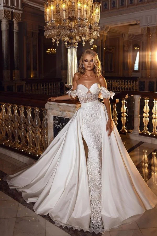 A-line Off-The-Shoulder Lace Floor-length Satin Wedding Dress With Sweetheart Appliques