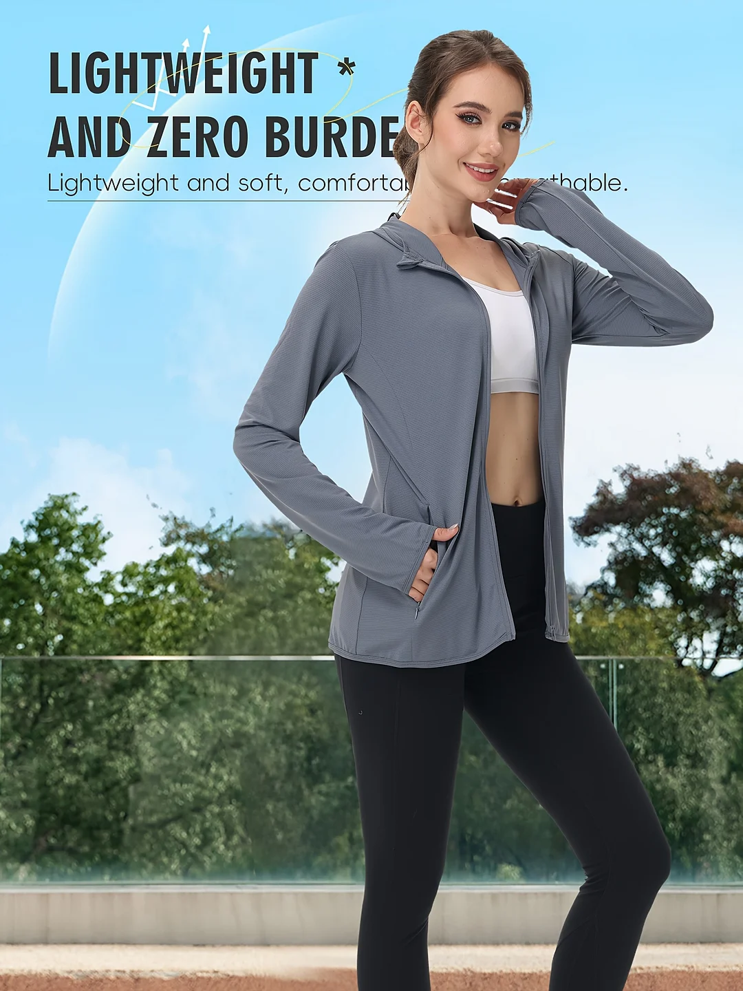 Women's Plus-Size Lightweight Hoodie - Breathable Shield With Hair Hole Design & Adjustable Cuffs, Slim Fit Asymmetrical Hem, Dark Color For Spring/Summer Outdoor Activities, Clothing, Breathable Fabric | IFYHOME