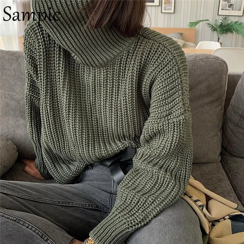 Sampic Fashion Autumn Women Long Sleeve Turtleneck Knitted Pullover Cropped Sweater Khaki Casual Knitwear Jumpers Sweater Tops
