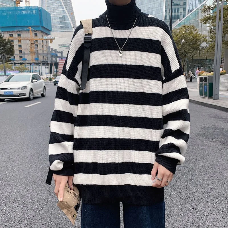 Men Pullover Stripe Turtleneck Sweater Long Sleeve Autumn Winter Clothes Tidal Current Streetwear College Recommend New Arrivals